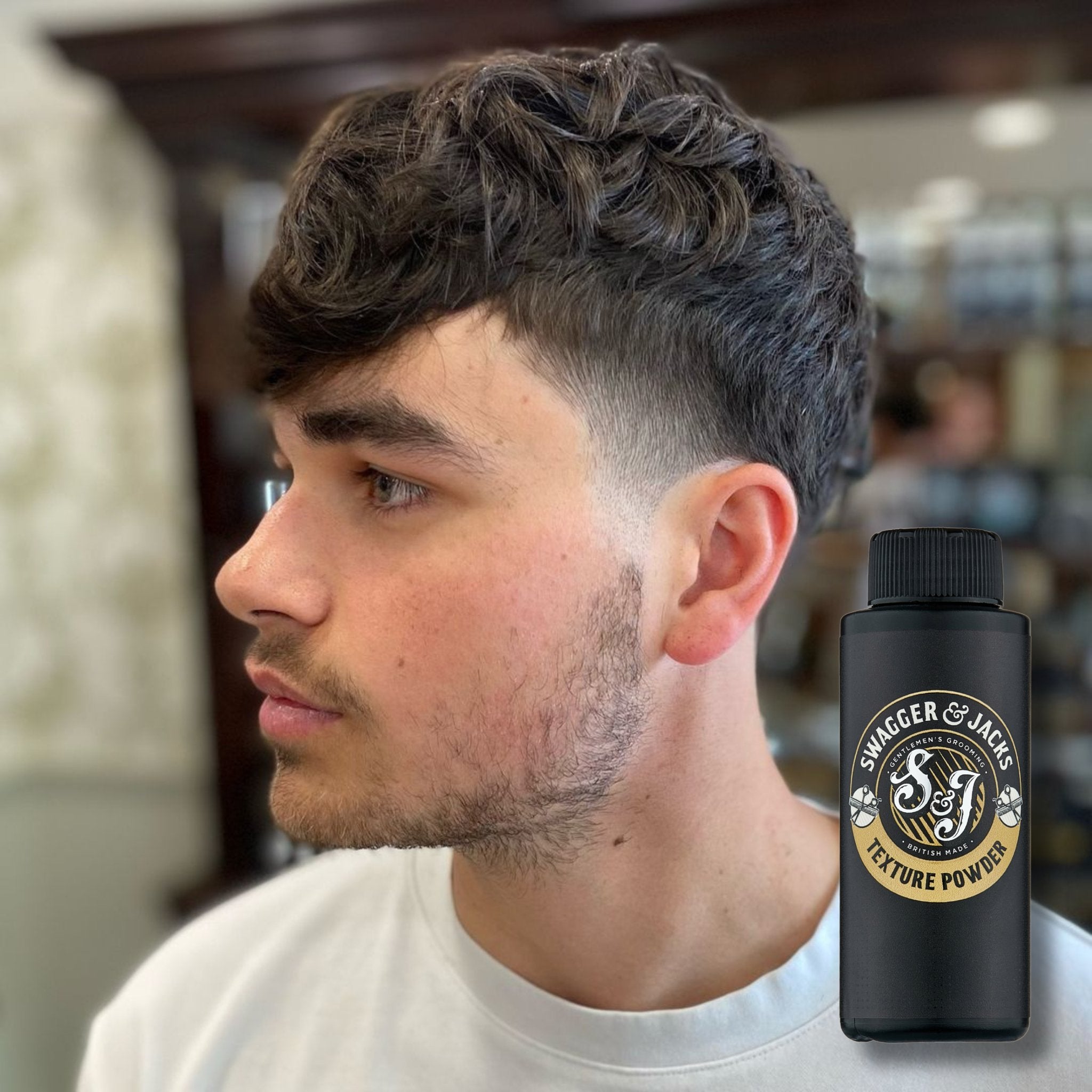 Man styling hair with Swagger & Jacks Texture Powder Duo – vegan matte finish volumising powder