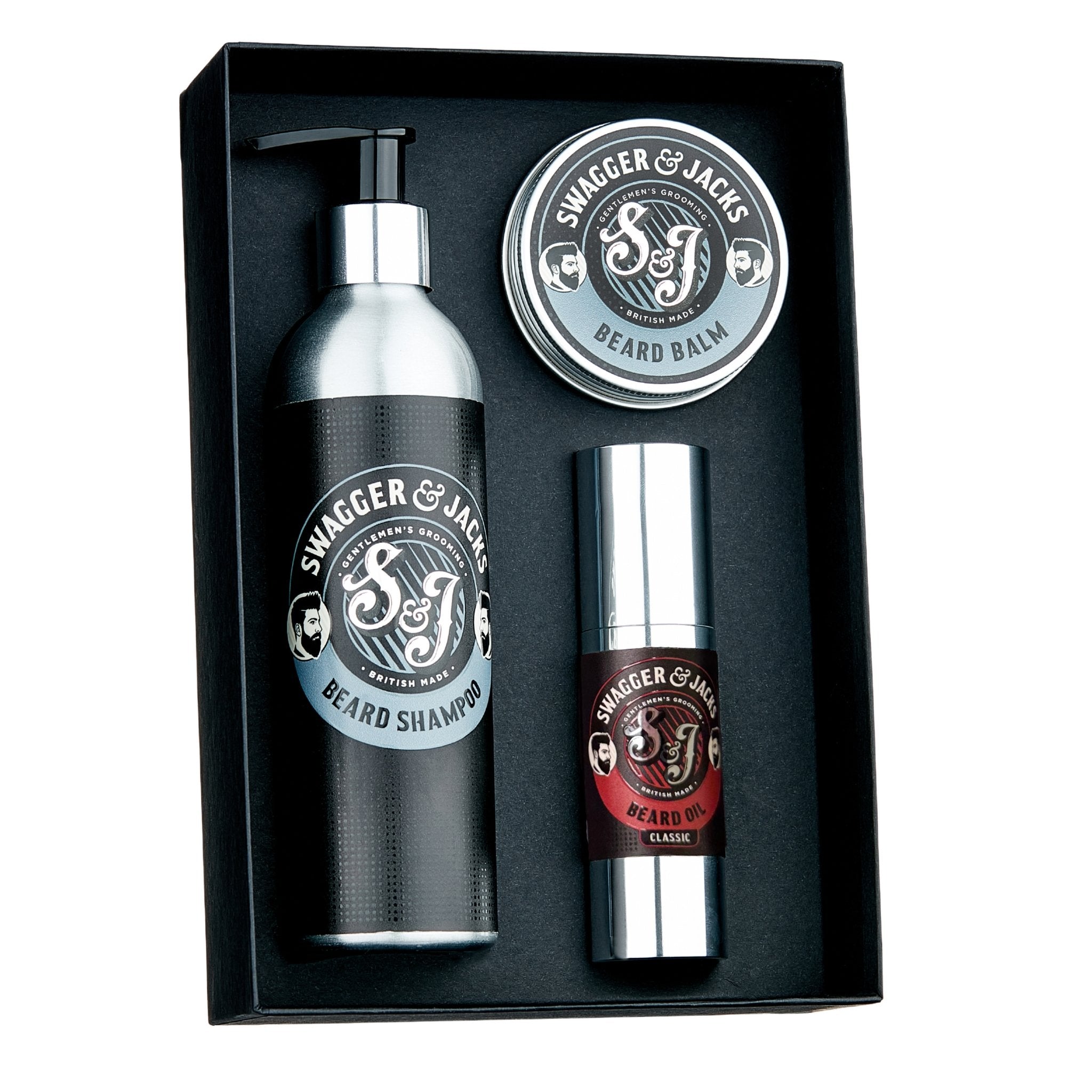 Swagger & Jacks Classic Beardcare Set – men’s beard grooming gift set with Sandalwood beard oil, shampoo, and styling balm