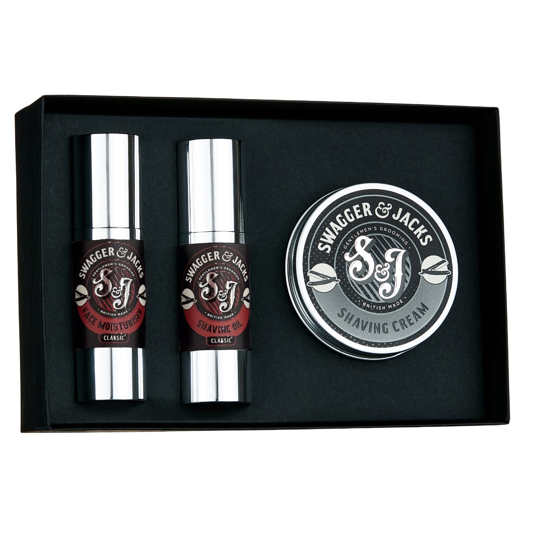 Swagger & Jacks Classic Shaving Starter Kit – luxury men’s shaving gift set with shave oil, moisturiser, and shaving cream in Sandalwood fragrance