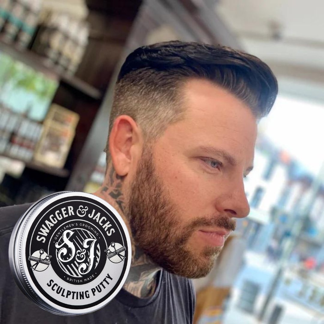 Short men’s haircut styled with firm hold Sculpting Putty and natural matte finish
