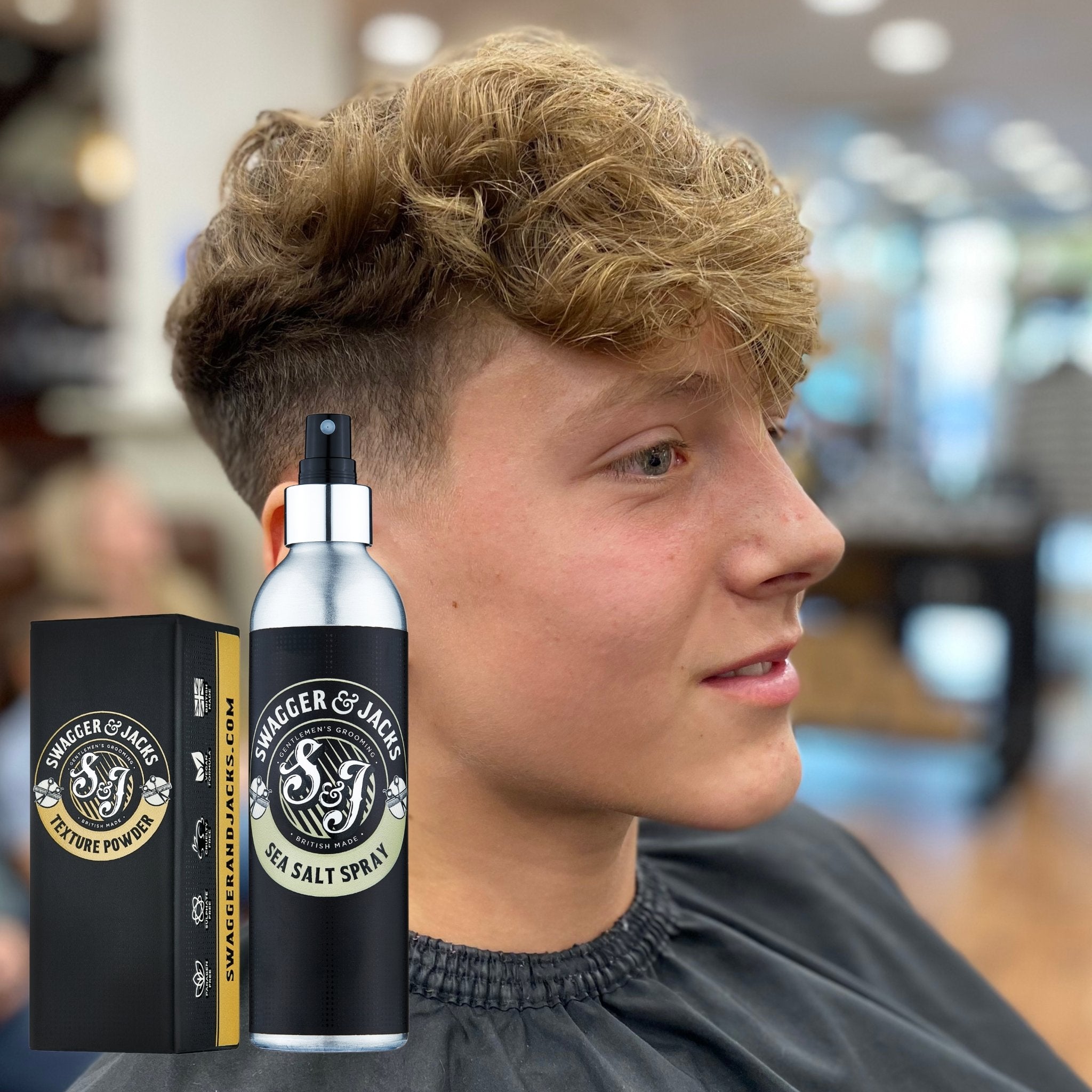 Men’s hairstyle using Swagger & Jacks Texture Set – natural volume, matte finish, and flexible hold