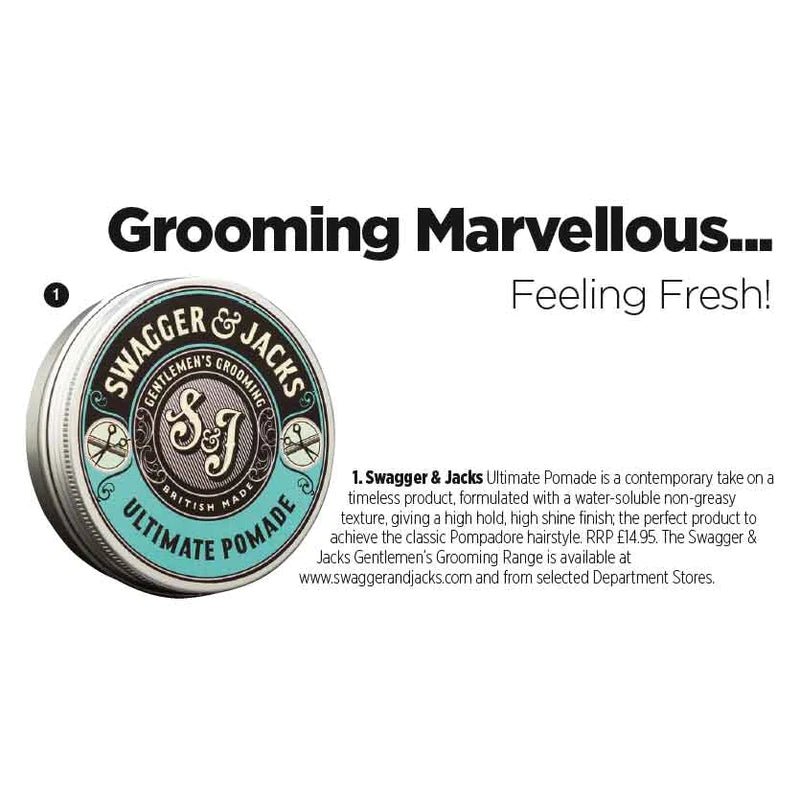 GQ Magazine feature showcasing Swagger & Jacks Ultimate Pomade – premium water-soluble pomade for men’s classic hairstyles