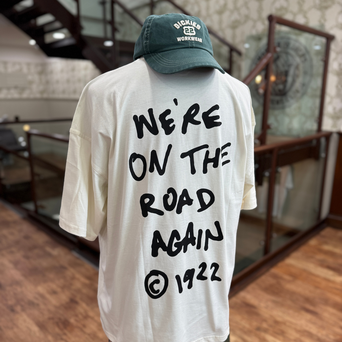 Dickies 'We're on the road again' T-shirt and cap on display at Swagger & Jacks