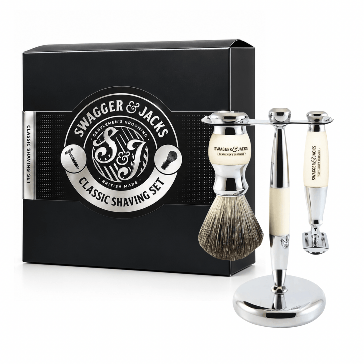 Classic Shaving Set in Chrome-Ivory - Swagger & Jacks Ltd