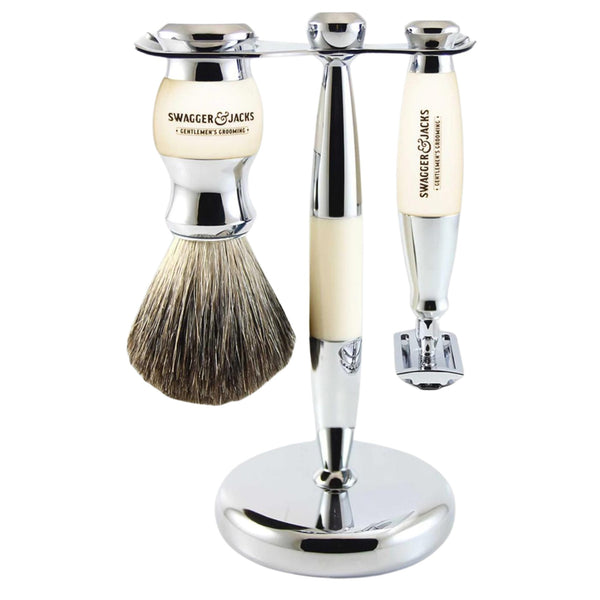 Classic Shaving Set in Chrome-Ivory - Swagger & Jacks Gentlemen's Grooming Ltd