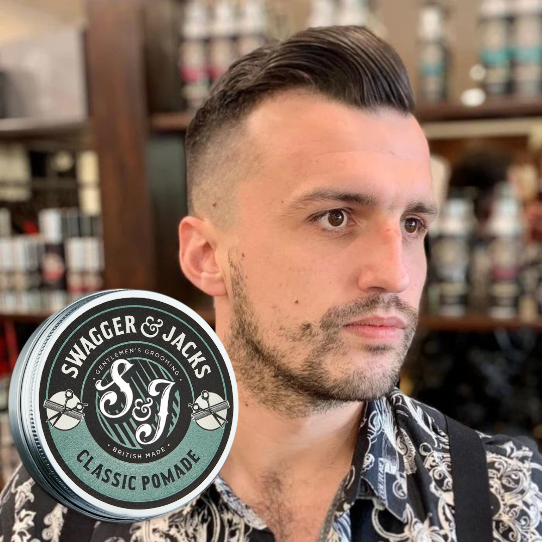 Men’s slick hairstyle using Swagger & Jacks Classic Pomade – high hold, classic shine finis