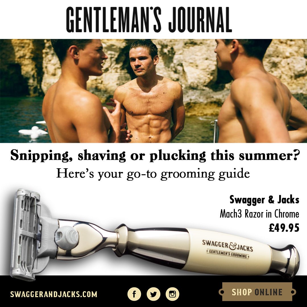 Swagger & Jacks Mach3 Razor featured in The Gentleman’s Journal magazine, showcasing our British made chrome and ivory design