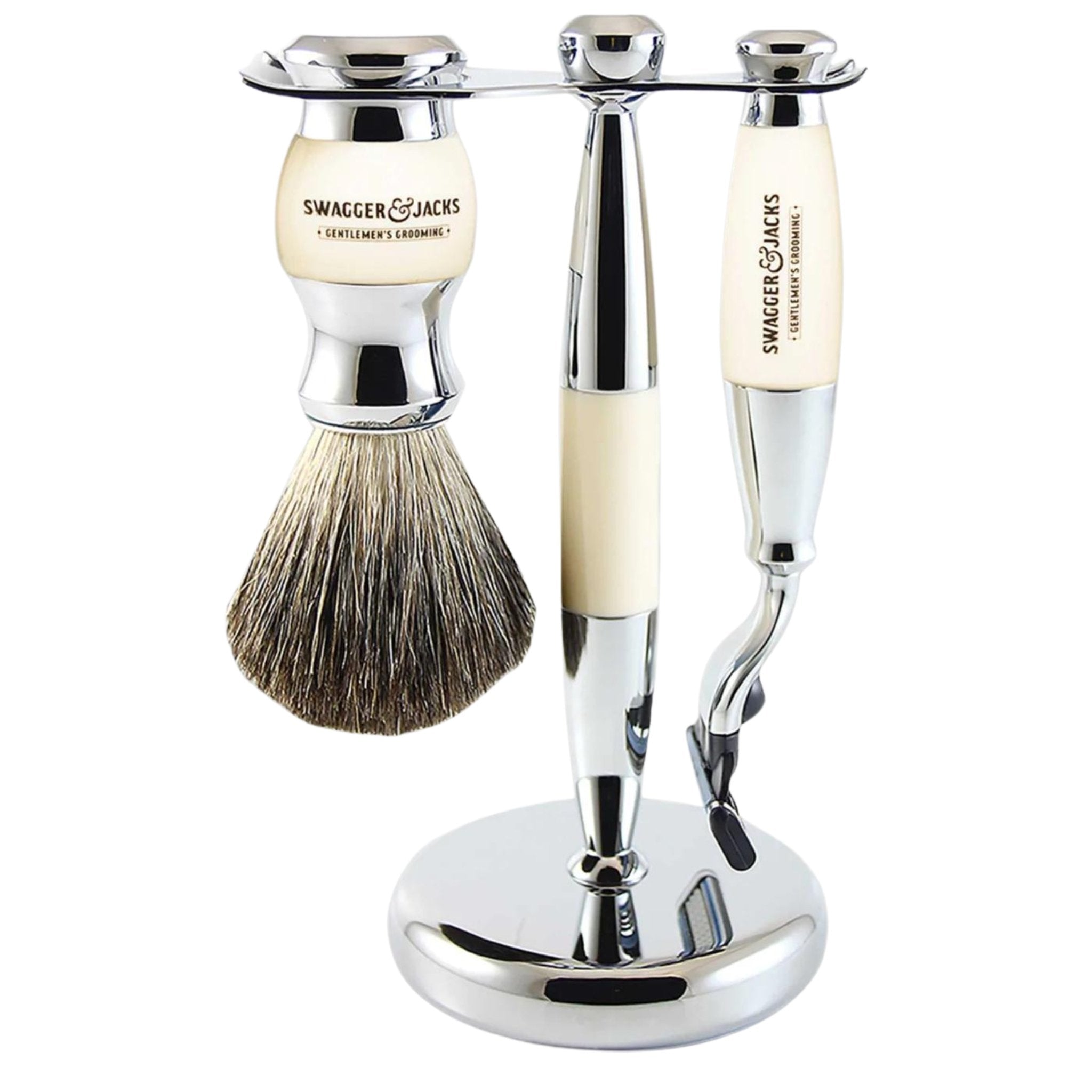 Chrome Mach3 razor and badger bristle shaving brush with display stand