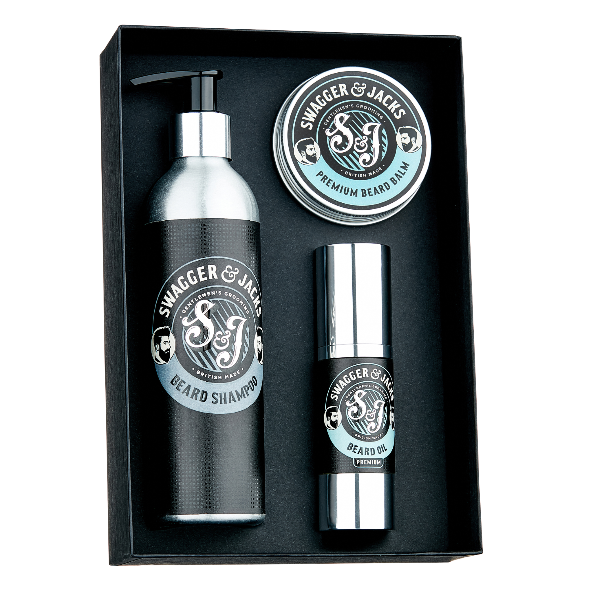 Swagger & Jacks Premium Beardcare Set – men’s beard grooming gift set with beard oil, shampoo, and styling balm