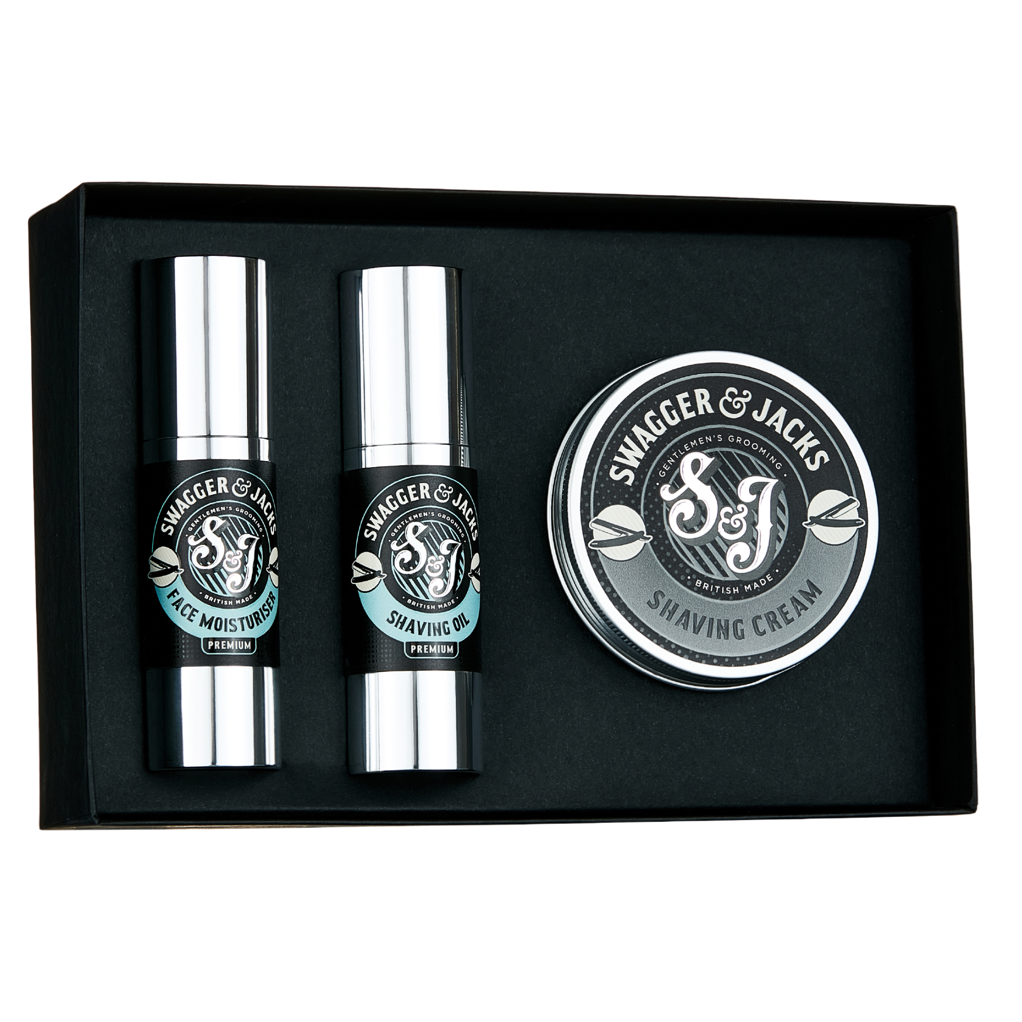 Swagger & Jacks Premium Shaving Starter Kit – luxury men’s shaving gift set with shave oil, moisturiser, and shaving cream