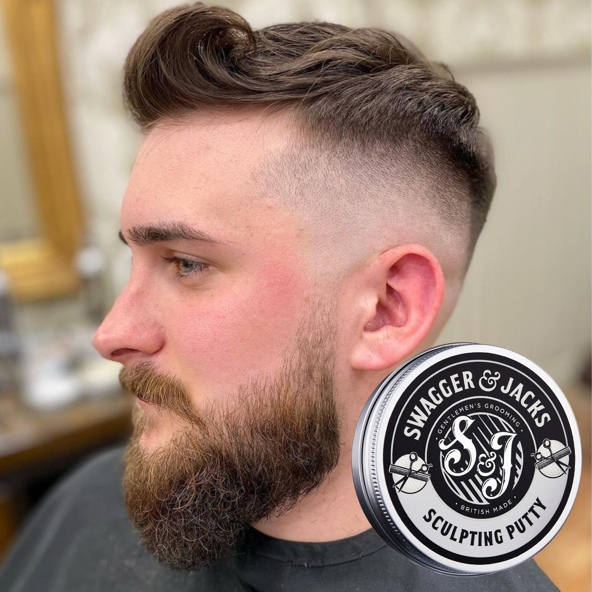 Fade haircut with textured top finished using Swagger & Jacks Sculpting Putty