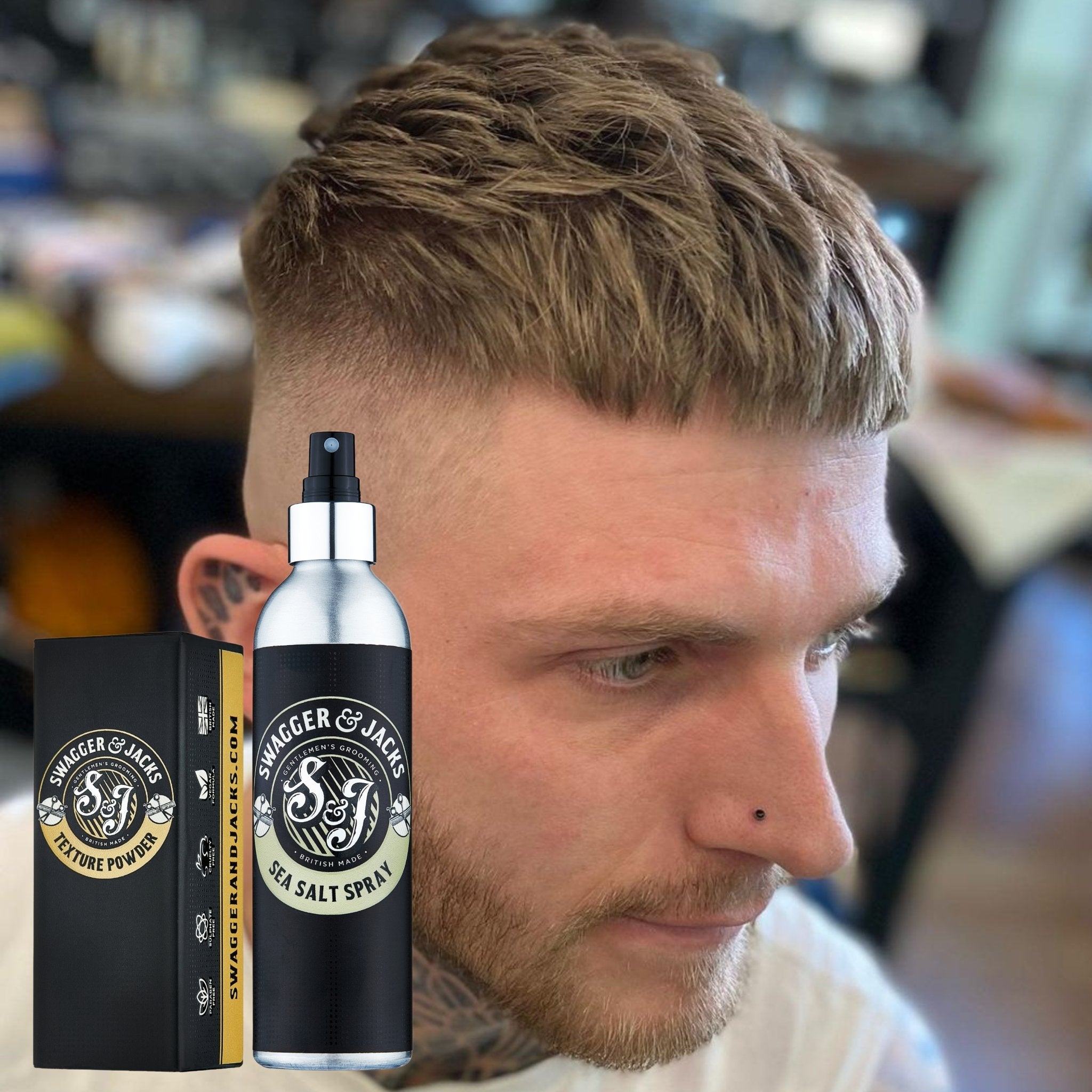 Men’s hairstyle using Swagger & Jacks Texture Set – natural volume, matte finish, and flexible hold